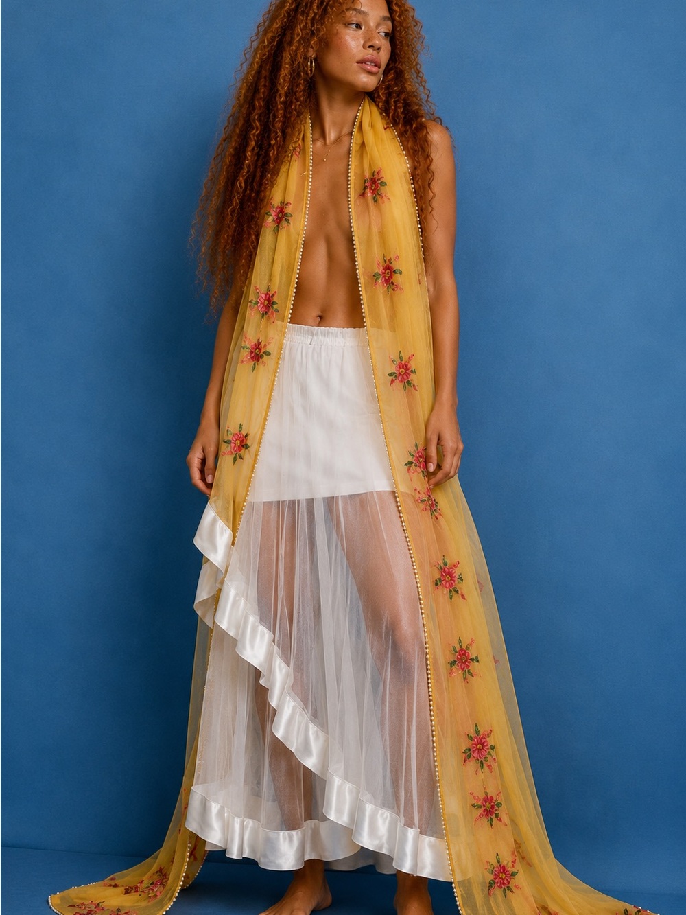 Yellow Floral Sheer Scarf & Wrap